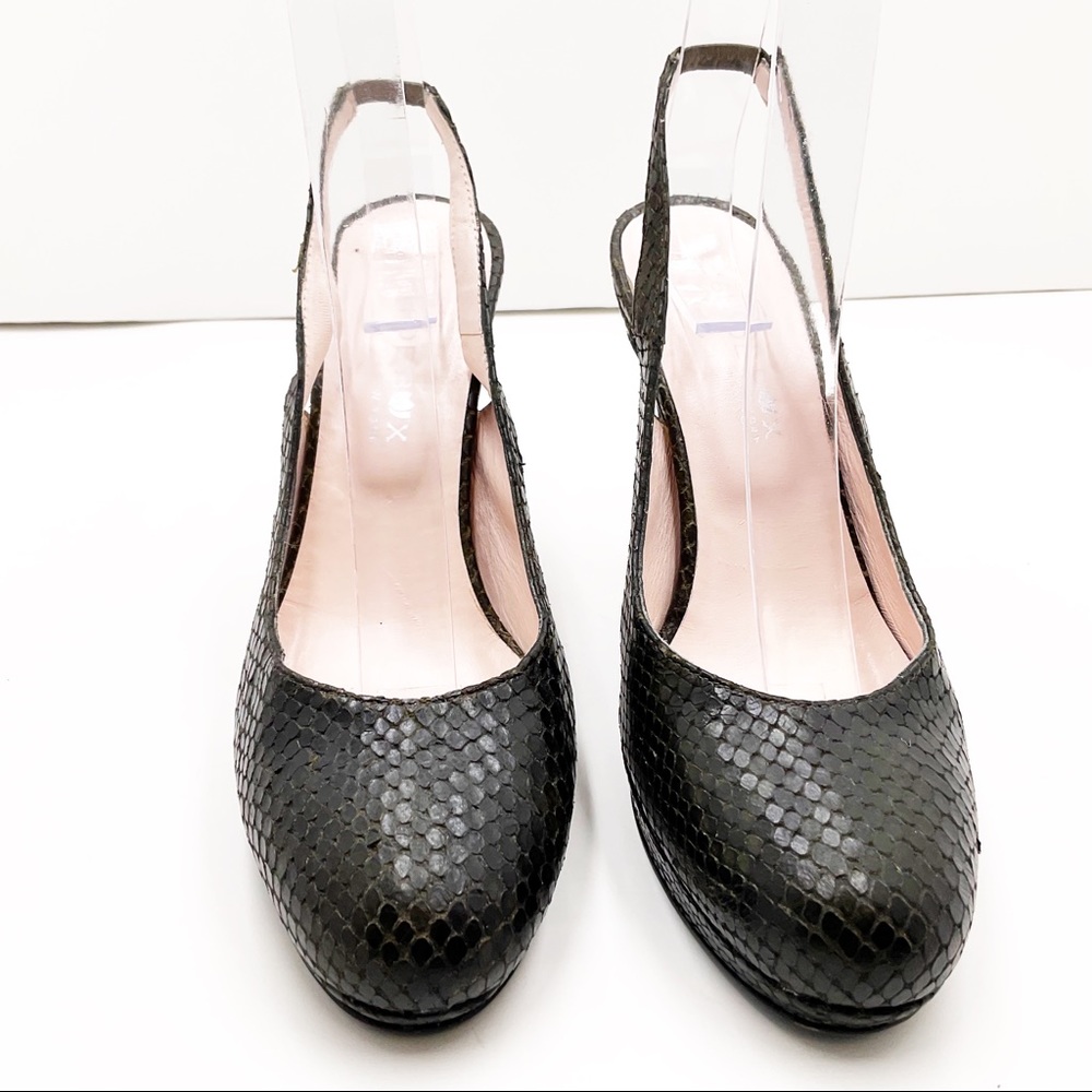 {Shoe Box Ny}Olive Python Leather Sling-Back Heels - image 5